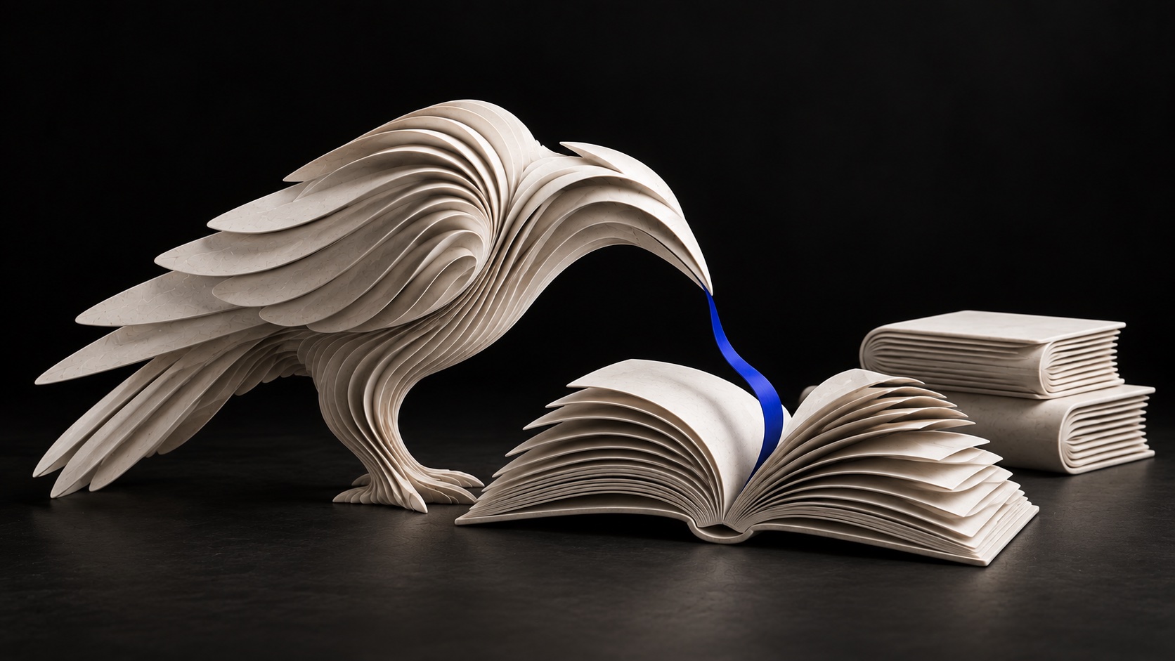 Abstract raven consulting a book, connected to a page by a blue ribbon