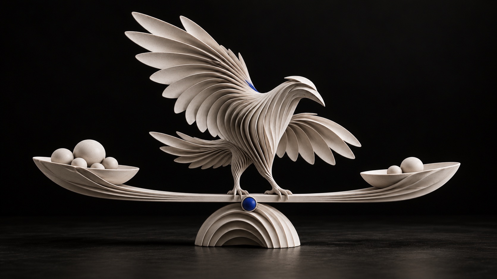 White layered raven on a balance holding different quantities of reserves