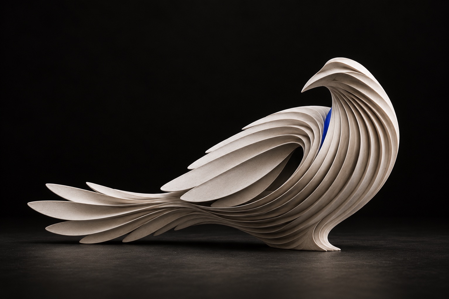 Abstract resting raven looking back, formed from white layers with a blue accent