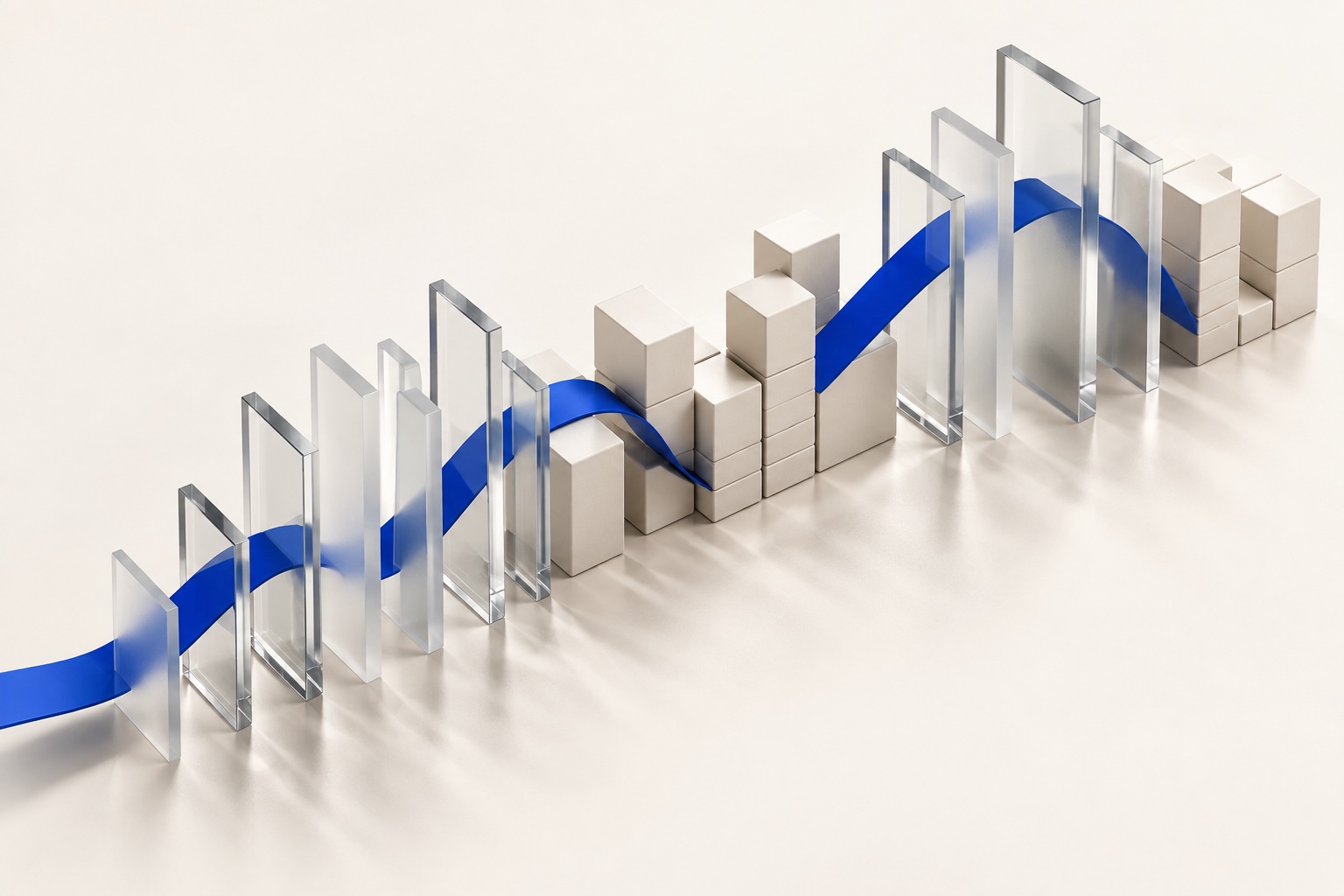 Conceptual inventory and forecasting illustration: blocks, glass fins and a blue ribbon