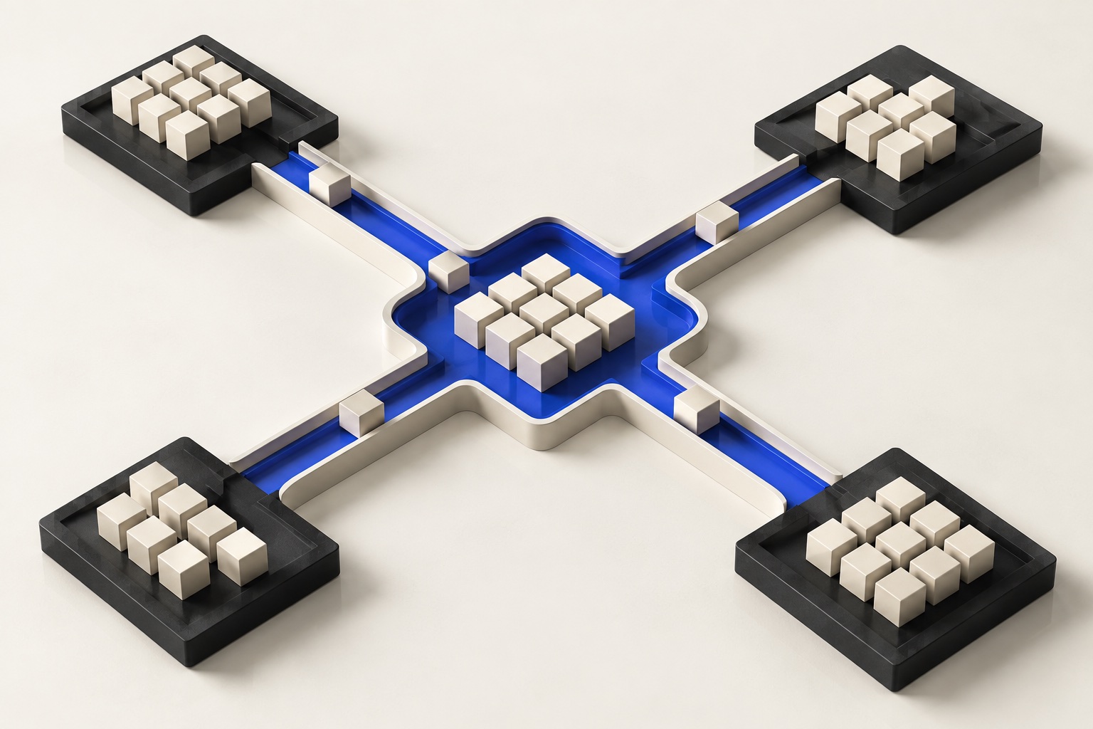 Conceptual integration illustration: groups of components connected by blue channels